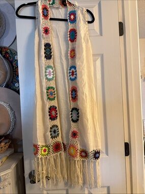 Handmade Crochet Trim kimono with Fringe - Cream Body, Multicolor Squares